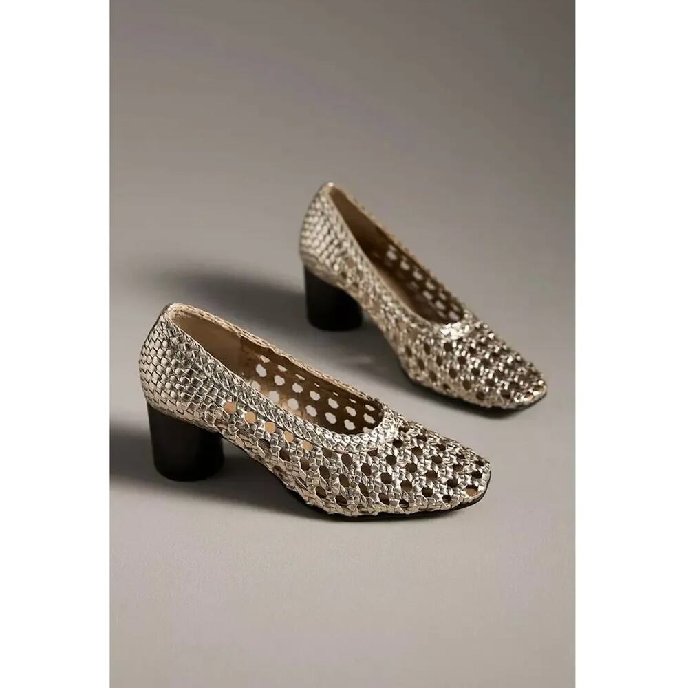 Pilcro Gold Metallic Woven Openwork Leather Heels EU 37 Anthropologie